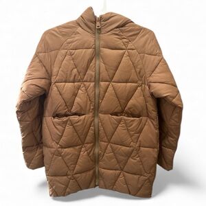 ZARA tan diamond quilted long hooded zip up puffer jacket Girls size 13/14